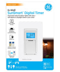Product packaging of SunSmart 7 Day In Wall Digital Timer Switch With Auto Sunrise Sunset, white finish, single pole three way