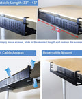 Under Desk Cable Management Tray Kit with Horizontal Design, adjustable 23-41 inches, C clamp mount, black tray on desk.