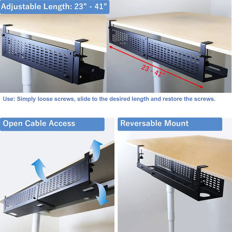 Under Desk Cable Management Tray Kit with Horizontal Design, adjustable 23-41 inches, C clamp mount, black tray on desk.