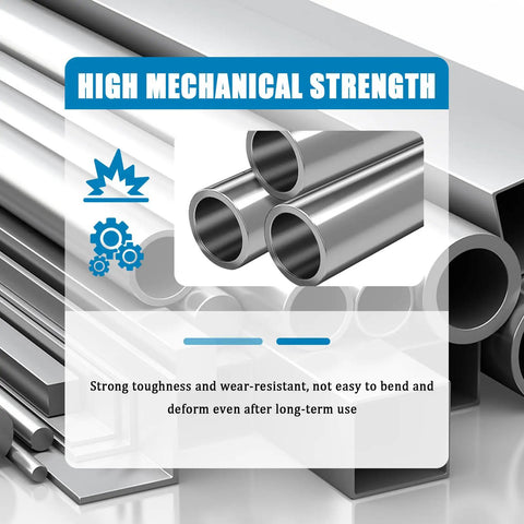 High mechanical strength metal tubes with icons depicting durability and wear resistance.