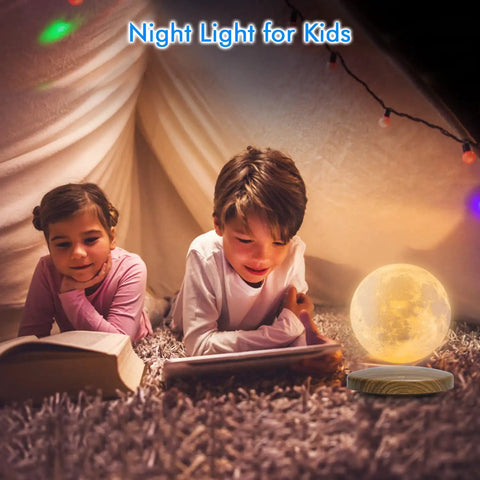 Children in a tent with Levitating Moon Light With Magnetic Base And Remote Control Dope Floating 3D Moon Lamp glowing softly