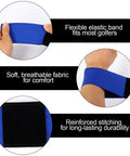 Two Pack Golf Swing Arm Bands Elastic Posture Corrector And Training Aid For Strength Grip Connection Band For Beginners And Pros That Improve Swing Consistency And Power Portable 13.8 Inches By 2.8 Inches in use, highlighting flexible elastic and reinforced stitching.