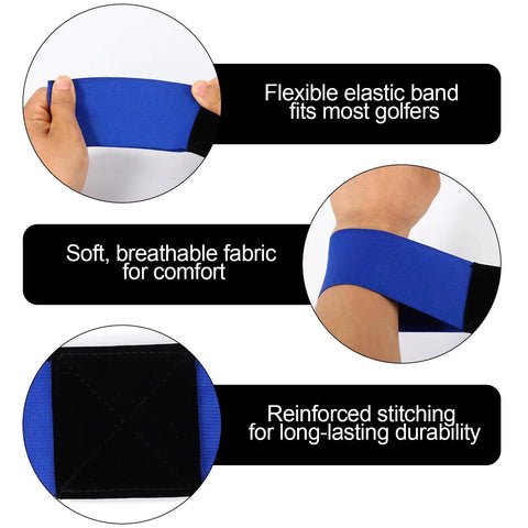 Two Pack Golf Swing Arm Bands Elastic Posture Corrector And Training Aid For Strength Grip Connection Band For Beginners And Pros That Improve Swing Consistency And Power Portable 13.8 Inches By 2.8 Inches in use, highlighting flexible elastic and reinforced stitching.