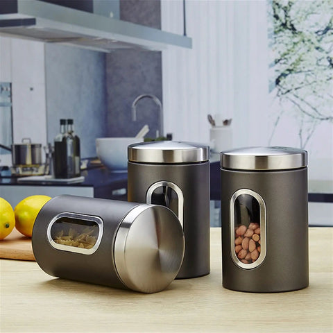 3Piece Stainless Steel Coffee Canisters With Wide Mouth Design Keep Your Grind Fresh No Cap Perfect For Nuts Pasta And Tea Kitchen Storage Setup Game Changer in stylish kitchen setting.