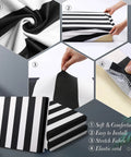 Eight Pack Striped Patio Cushion Covers For Outdoor Furniture Elastic Slipcovers Fit Most Cushions 20 To 27 Inches Long And Wide 2 To 7 Inches Thick Breathable Thin Fabric Black White being stretched over cushion.