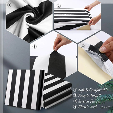 Eight Pack Striped Patio Cushion Covers For Outdoor Furniture Elastic Slipcovers Fit Most Cushions 20 To 27 Inches Long And Wide 2 To 7 Inches Thick Breathable Thin Fabric Black White being stretched over cushion.