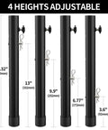 Heavy Duty Table Leg Extenders For Folding Tables Featuring Four Adjustable Heights. Four black steel extenders displayed with heights labeled.