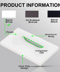 Infographic showing Dimmable 3 Color LED Indoor Outdoor Step Lights with Sand White finish, featuring aluminum body and integrated LED.