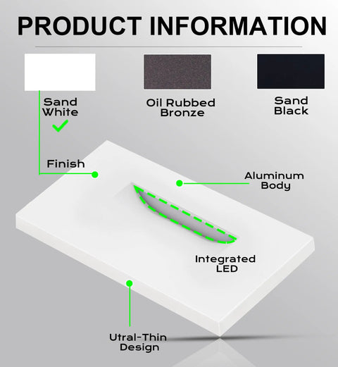 Infographic showing Dimmable 3 Color LED Indoor Outdoor Step Lights with Sand White finish, featuring aluminum body and integrated LED.