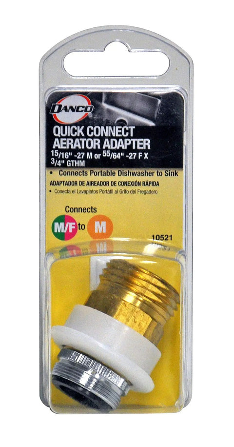 Dual Thread Dishwasher Snap Coupling Adapter For 15/16-27 Male Or 55/64-27 Female To 3/4 Inch Garden Hose Quick Connect Chrome Plated Brass 1.5 GPM Flow For Easy Appliance Hookups