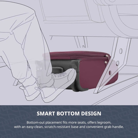 Underseat Carry On Luggage With USB Port 16 Inch Two Wheel Spinner Bag for Airlines showing bottom design in airplane