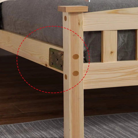 Rock Solid 4 Piece Heavy Duty Wood Bed Rail Hook Plates Universal 5 Hole Design Bed Frame Connectors Sturdy metal bracket on wood bed frame.