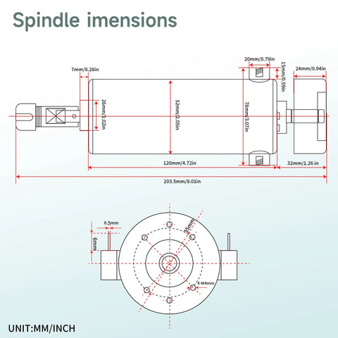 Technical drawing of Beefy 800W CNC Spindle Motor Kit 110V ER11 20000RPM Air Cooled with Mach3 Controller, showing dimensions.