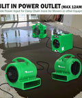 Green One Quarter HP Air Mover With 1000 CFM Two Speeds, copper motor drying and cooling fan in action on wet floor