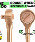 Non Sparking Tools Set 28-Piece Pro Grade Beryllium Copper Socket Kit with ratchet wrench showing reversible switch detail