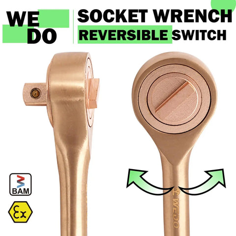 Non Sparking Tools Set 28-Piece Pro Grade Beryllium Copper Socket Kit with ratchet wrench showing reversible switch detail