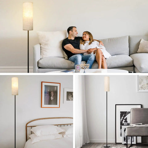 Modern Tall LED Floor Lamp With Linen Shade And Black Iron Pole, Perfect For Living Room, Bedroom, Or Office setup view.