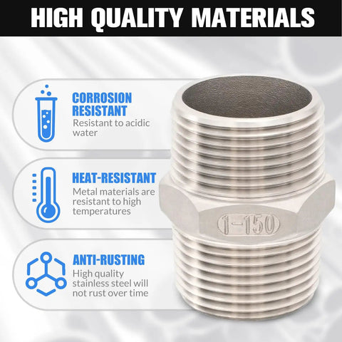 1" Male Hex Nipple Pipe Fittings, 304 Stainless Steel 1 inch NPT Threaded Pipe Adapter with corrosion, heat, and rust resistance qualities