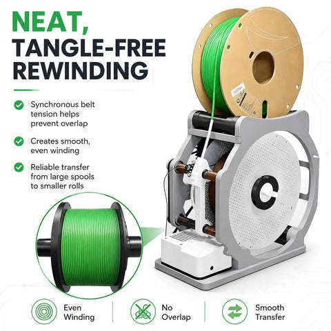 Fast Rewind Filament Spool Winder For 3D Printing, Electric Auto Rewind Machine with green spool and features listed