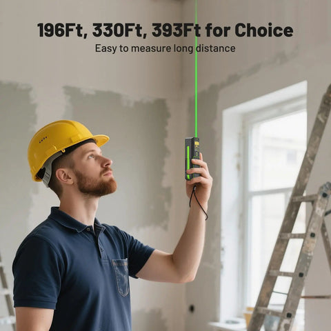 Green Laser Distance Meter Pro Grade With Angle Sensor And Rechargeable Battery, 196 Ft Range, 1/16 Inch Accuracy, Meters Inches Feet Units, Pythagorean Mode, Measures Distance Area And Volume For DIY Projects used indoors by contractor