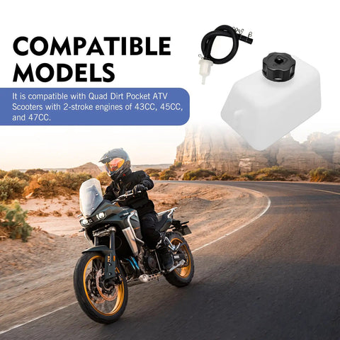 Gas Tank Kit For Mini Bikes And ATVs, Universal Fuel Canister with oil filter, shown on bike with desert background