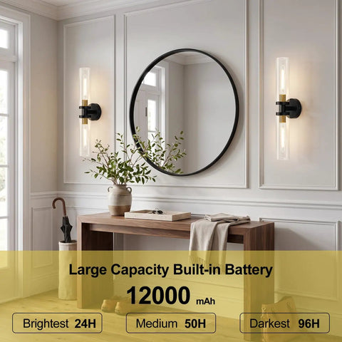 Battery Operated Wall Sconces Set of Two, Black and Gold Wall Light fixtures with Wireless Remote Control，Rechargeable Dimmable Wall Sconces with 3000K Bulbs for Bathroom Mirror Living Room Bedroom next to a round mirror.