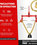 Heavy Duty Ratchet Chain Binder Set 2 Pack With G80 Chains One Quarter To Five Sixteenths Inch Twelve Foot Length Built Tough Secure Load Up To Three Thousand One Hundred Fifty Pounds Tie Down Hauling Chains For Flatbed Trucks And Trailers with precautions for operation and breaking strength displayed.