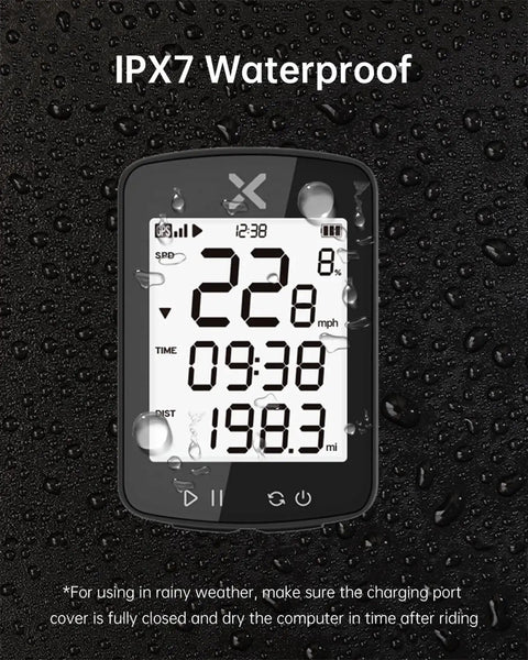 Front view of Gen2 GPS Bike Computer with Bluetooth, IPX7 waterproof, displaying speed, time, and distance on LCD screen.