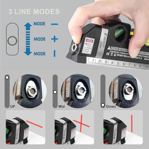 4 In 1 Laser Level Tool With Cross Line Plumb And 45 Degree Bubble For Horizontal And Vertical DIY Projects, 8ft 2.5m Reach, Handy Multipurpose Line Laser For Construction, Home Renovation, Picture Hanging And Cabinet Install. 3 line modes