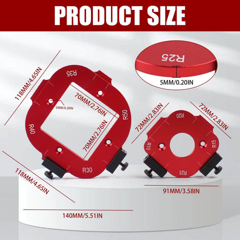 Two Pack Aluminum Router Corner Radius Template Set R10 To R50 CNC Machined Pro Grade Arc Guide showcasing dimensions