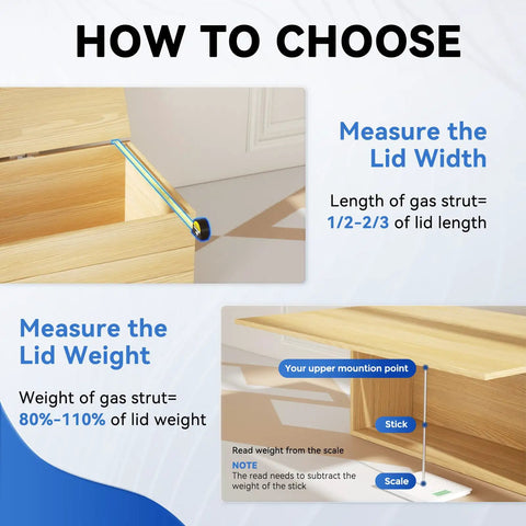 How to choose replacement gas struts, measuring lid width and weight for Solid As A Rock Gas Strut Lift Supports.