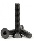 M4 X 10mm Flat Head Hex Socket Cap Screws 50 Pack With Hex Key Included showing black oxide stainless steel bolts, fully threaded.