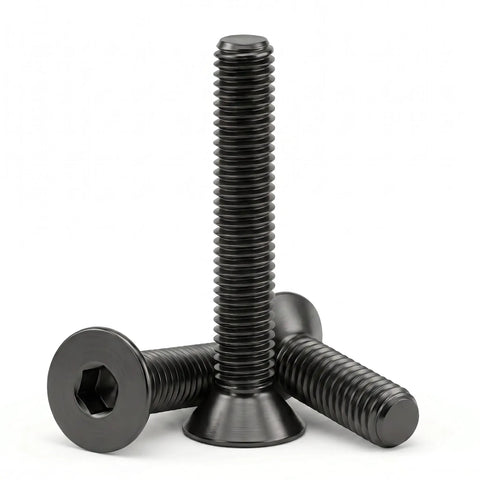 M4 X 10mm Flat Head Hex Socket Cap Screws 50 Pack With Hex Key Included showing black oxide stainless steel bolts, fully threaded.