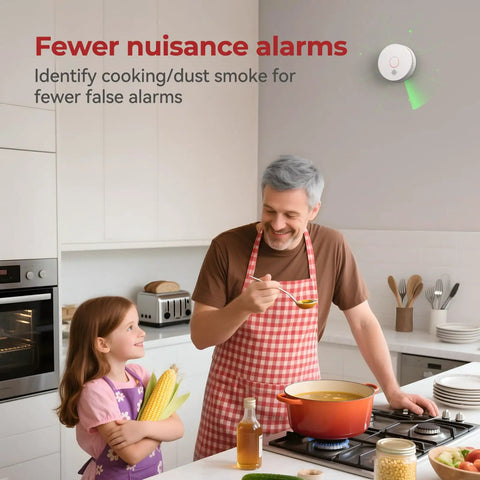 Four Pack Photoelectric Smoke Detectors With Replaceable Battery And Test Silence Button For Your Home Safety Easy Install Fast 360 Degree Coverage And Eighty Five Decibel Alarm mounted in kitchen