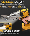 Cordless Metal Shear For Sheet Metal And More, Heavy Duty Brushless Electric Cutter Compatible With DeWalt 20V Max Batteries, Cuts Stainless Steel Iron Copper Leather Cardboard Carpet No Battery Included, showing brushless motor and LED work light