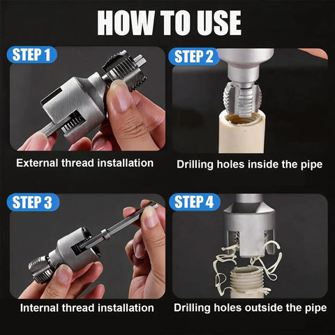 Step-by-step use of Triple Pack Pipe Thread Cutting Tool For Internal And External Threads, PVC Threader, electric drill setup