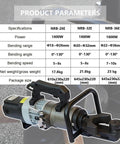 Electric Hydraulic Rebar Cutter And Bender 1800W with specifications and tool displayed for 18 to 36mm steel bends.
