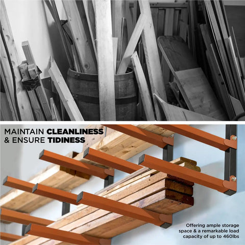 Heavy Duty 3 Level Wall Mounted Lumber Storage Rack Metal Wood Organizer For Garage Workshop And Shed Space Saving Durable Steel Shelving Ideal For Long Boards And Lumber 4 Pack installed with wood planks.