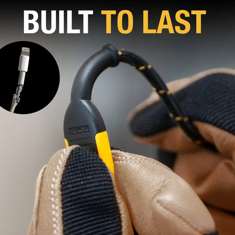 Kevlar reinforced cable close-up, labeled 'Built to Last,' featuring the Beefy Heavy Duty 3 in 1 Charging Cable 6 ft Fast Charger Cord.