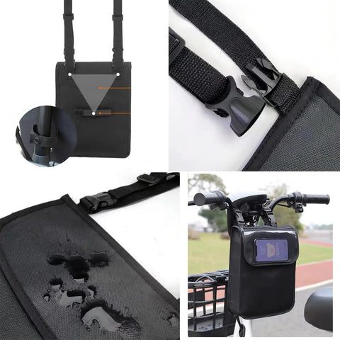 Electric Scooter Front Bag Pouch With Waterproof Phone Holder attached to bike handlebar, showing waterproof material and secure buckles.