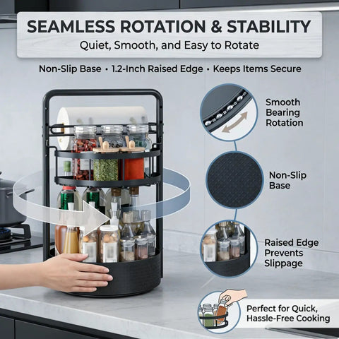 Rotating Spice Rack With Paper Towel Holder, 2 Tier Lazy Susan For Spices And Seasonings on kitchen counter