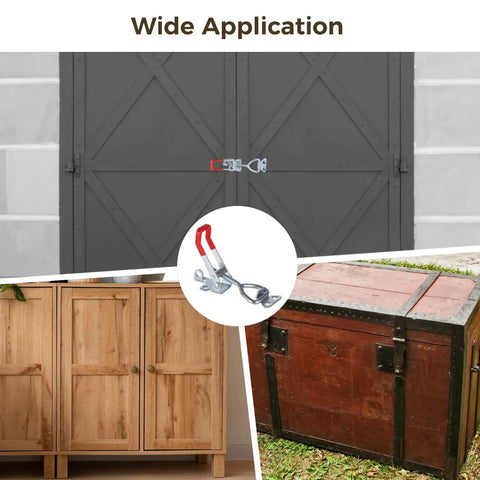 Heavy Duty Toggle Latch Clamp Set With Adjustable Hasps And Lock Hole securing a garage door, cabinet, and chest