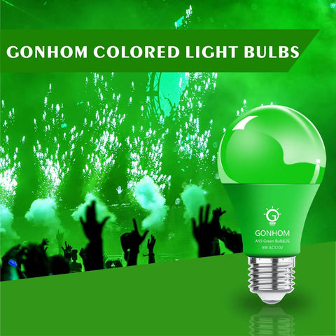 LED A19 Green Light Bulb Dimmable 9W Equivalent To 100W E26 Base showcased in party setting with green lighting effects