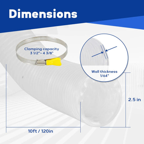 Heavy Duty 2.5 Inch By 10 Foot PVC Dust Collection Hose With 304 Stainless Steel Clamps dimensions and clamping capacity