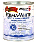 PermaWhite Exterior Satin Paint 1-Quart For Outdoor Walls And Trim can with mildew-resistant labeling shown