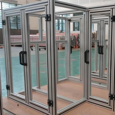 Two Sets 2020 Aluminum Extrusion Profile Door Handle And Frame Hinges Install Kit in industrial setting, showing assembled frame