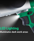 Pro Grade Cordless Electric Wire Puller With Slick Variable Speed Control showing LED lighting feature illuminating dark areas.