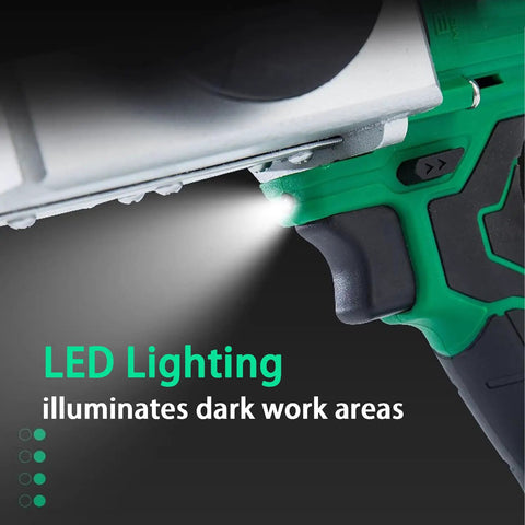 Pro Grade Cordless Electric Wire Puller With Slick Variable Speed Control showing LED lighting feature illuminating dark areas.