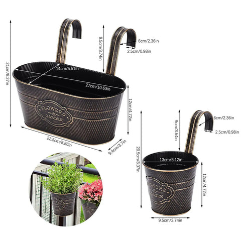 3 Pack Metal Railing Planter Boxes For Outdoors With 10.6 Inch Hanging Pots, Detachable Hooks And Drainage Holes, black finish