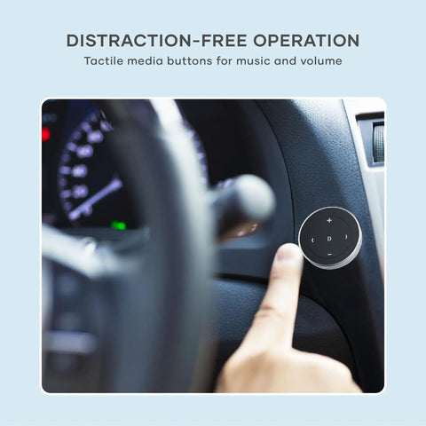 Bluetooth Media Button With Steering Wheel Mount For Cars And Bikes installed on car dashboard, finger pointing to button.